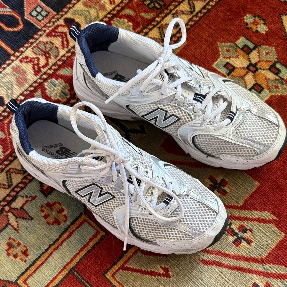 New Balance 530 White and Navy Athletic Shoes